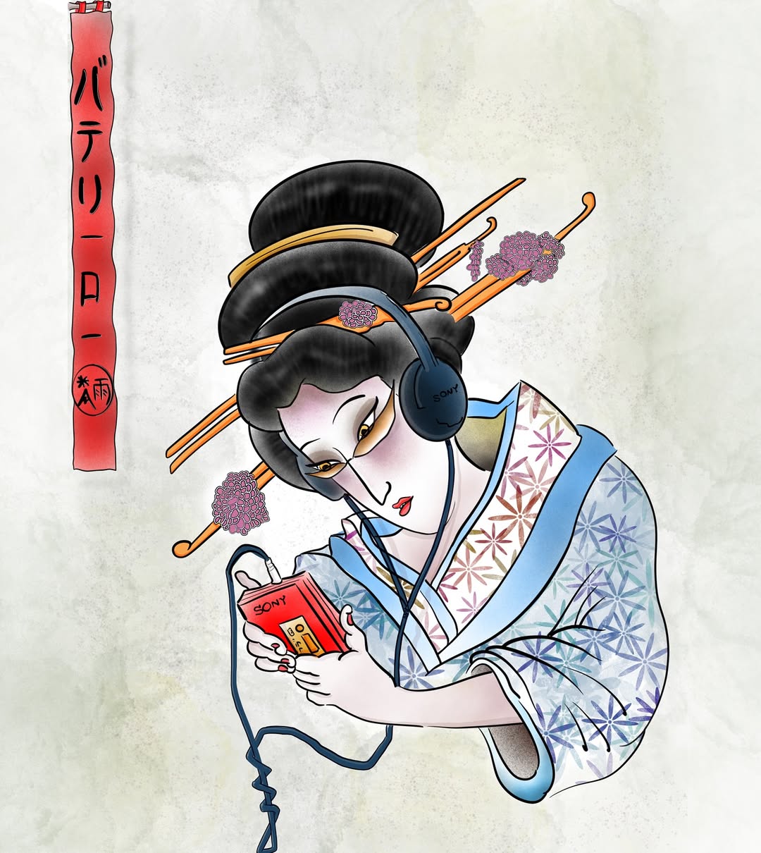 Neo oriental geisha tattoo with tape player