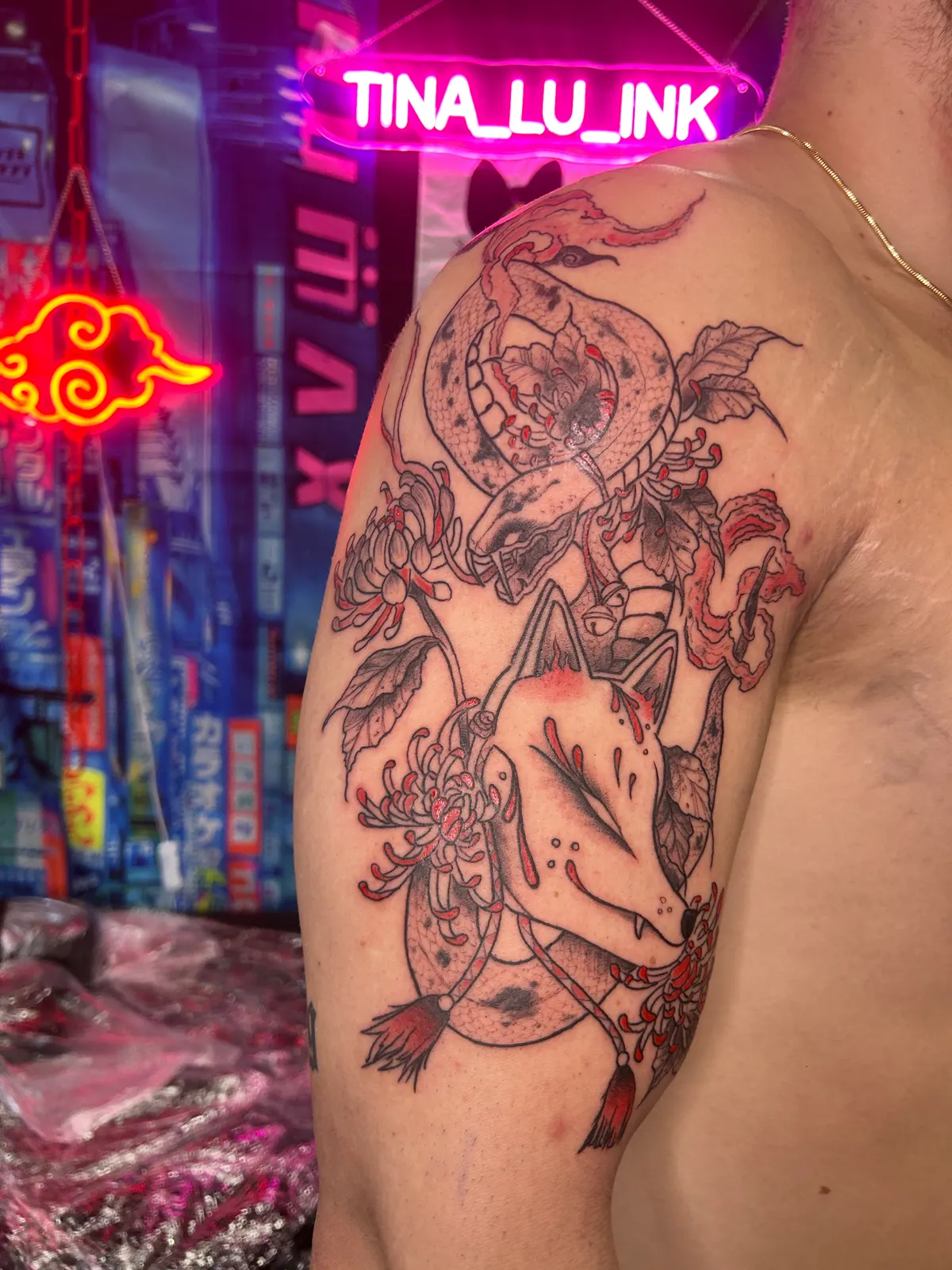 Oriental fox mask shoulder tattoo in Lisbon