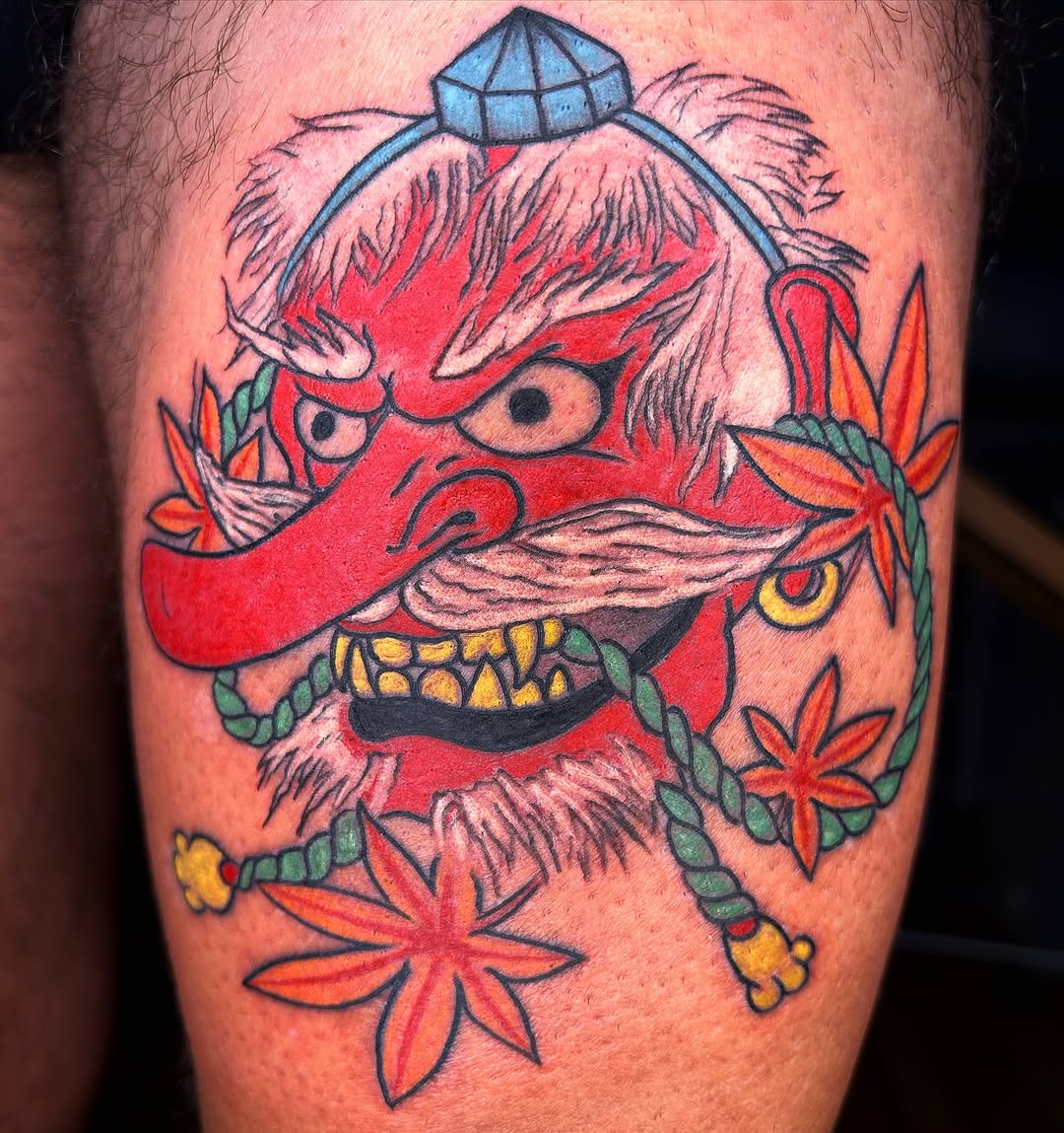 Oriental Tengu thigh tattoo in Lisbon