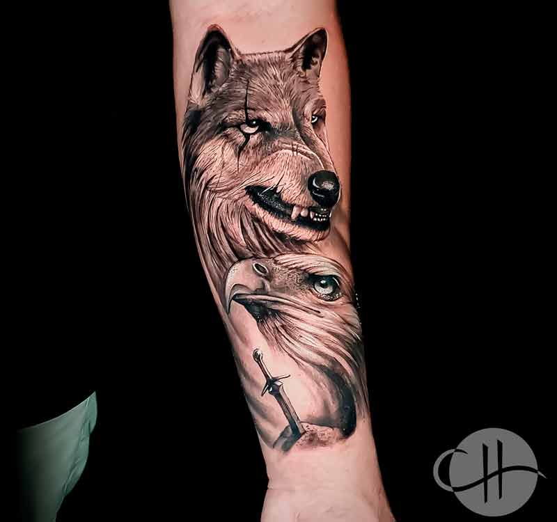 Realism wolf and eagle tattoo by Choco in Lisbon