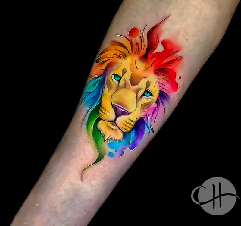 Watercolor lion tattoo by Choco in Lisbon